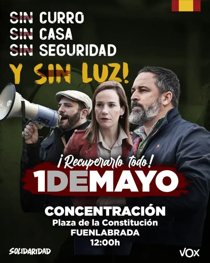 FOTOGRAFÍA. BARCELONA (REINO DE ESPAÑA), 26 DE ABRIL DE 2025. El presidente de VOX y Patriots of Europe, Santiago Abascal Conde (d); la portavoz de VOX en la Asamblea de Madrid y Portavoz Nacional de Agenda España, Isabel Pérez Moñino-Aranda (c); junto al presidente del Sindicato SOLIDARIDAD para la Defensa de los Trabajadores de España, Rodrigo Alonso Fernandez; y al secretario general de Solidaridad, Jordi Albert de la Fuente Miró (Jordi de la Fuente) (i); participarán el próximo jueves, 1 de mayo de 2025, a la concentración convocada por esta organización sindical patriota española, bajo lema "¡Recuperarlo todo! 1 de Mayo porque, dice el cartel, las políticas globalistas y WOKE del bipartidismo (Partido Popular y Partido Socialista) ya han dejado a la juventud española "sin curro (trabajo), sin casa y sin seguridad". Lasvocesdelpueblo (Ñ Pueblo)