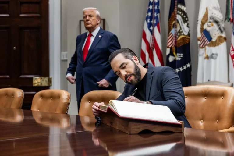 FOTOGRAFÍA. WASHINGTON (ESTADOS UNIDOS DE AMÉRICA), 14 DE ABRIL DE 2025. El socio de la 47ª Administración de los Estados Unidos de América Donald John Trump y James David Vance —presidente y vicepresidente de United States of America (USA)— y presidente del Gobierno de El Salvador, Nayib Armando Bukele Ortez (Nayib Bukele), visitó hoy Washington. Trump: "Simplemente quiero saludar al pueblo de El Salvador y decirles que tienen un presidente increíble". Nayib Armando Bukele Ortez (Nayib Bukele): "De hecho, convertimos la 'capital mundial del asesinato' en el país más seguro del hemisferio occidental... Liberamos a millones". Hoy, Trump recibe al presidente salvadoreño Nayib Bukele para mostrar su alianza histórica para hacer del mundo un lugar más seguro. Gracias a los dos líderes, decenas de asesinos violentos de inmigrantes ilegales, violadores, pandilleros y otros criminales perversos han salido de las calles. Lasvocesdelpueblo (Ñ Pueblo)
