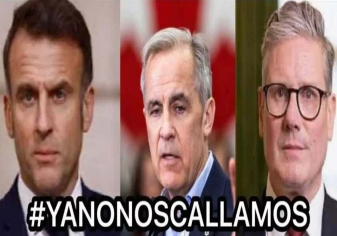 FOTOGRAFÍA. BARCELONA (CATALUÑA) REINO DE ESPAÑA, 23 DE MAYO DE 2025. Carta abierta del pueblo judío al Gobierno francés y Presidencia de la República francesa de Emmanuel Jean-Michel Frédéric Macron (Emmanuel Macron) (i); al Gobierno de Canadá del primer ministro Mark Joseph Carney (c); y al Gobierno del Reino Unido del primer ministro Keir Rodney Starmer sobre sus amenazas constantes al pueblo de la Tierra Santa frente al derecho de Israel y de su pueblo a defenderse contra el terrorismo islamofascista, antisemita y anti-Israel de los grupos terroristas neonazis gazatíes Hamas ISIS e Yihad Islámica Palestina (YIP) y sus compinches antisemitas y anti-Israel del corrupto y WOKE Occidente, liderados por la ultraizquierda y fracciones anti-Israel autoproclamados "anti-comunistas" o "liberales", pero que sin pudor en integran cruzada antisemita occidental de la WOKE y comunismo contra la Tierra Santa (Israel), único Estado democrático del Oriente Medio y último y único dique de contención de la barbarie islamista que avanza con fuerza hacia el occidente. Lasvocesdelpueblo (Ñ Pueblo)