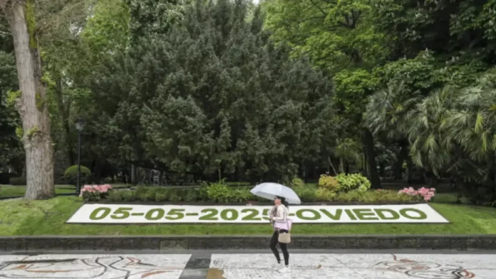 Este martes en España nubosidad con tormentas y descenso notable de temperaturas FOTOGRAFÍA. OVIEDO (PRINCIPADO DE ASTURIAS) REINO DE ESPAÑA, 05 DE MAYO DE 2025. Detalle de una mujer con paragua paseando por el del parque de San Francisco de Oviedo este lunes, día 5 de mayo de 2025. Efe