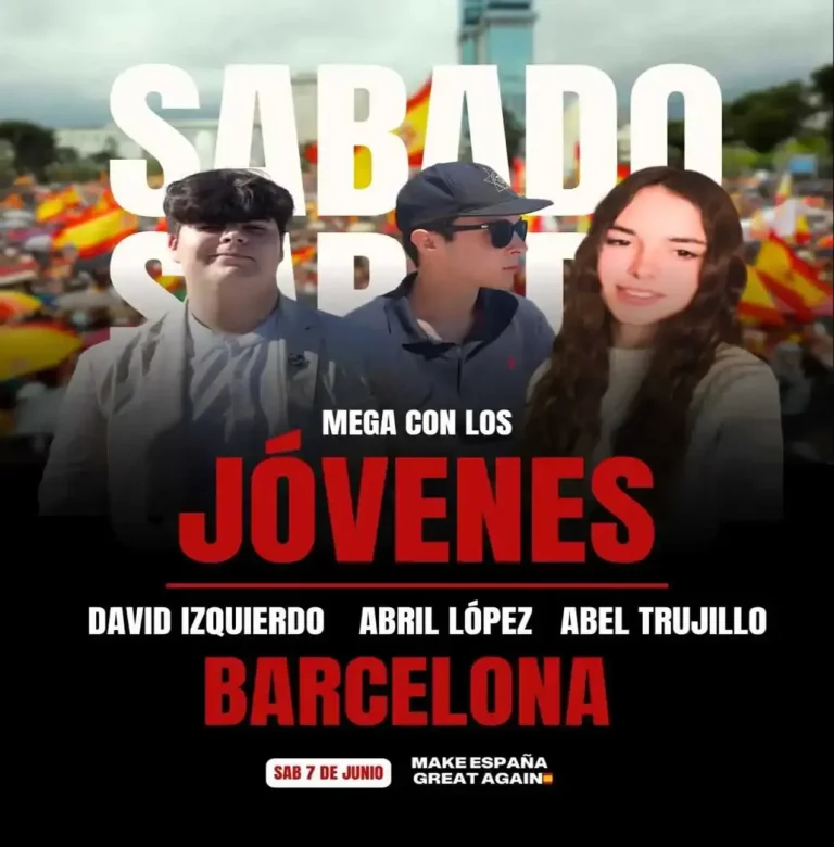 FOTOGRAFÍA. BARCELONA (CATALUÑA) REINO DE ESPAÑA, 30 DE MAYO DE 2025. Detalle del cartel oficial de la convocatoria de una concentración en plaza San Jaime de Barcelona, frente al Palacio del Gobierno autonómico de la Generalitat de Catalunya, contra los Gobiernos del Partido Socialista (PSOE/PSC) y en favor de España, la libertad y democracia después de trascender los polémicos audios de una reunión en videoconferencia desde la sede nacional del Partido Socialista, en calle Ferraz 70 de Madrid, de las cloacas del Partido Socialista conspirando gravemente contra la democracia, el Estado de derecho y la libertad; los sicarios socialistas conocidos como "fontaneros del PSOE" se intercambian favores fiscales, e información sobre jueces, la UCO de la Guardia Civil, abogados, etc. usando la Fiscalía General del Estado para blanquear sus crímenes. Lasvocesdelpueblo (Ñ Pueblo)