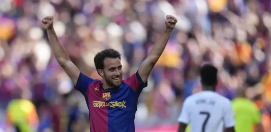 FOTOGRAFÍA. BARCELONA (CATALUÑA) REINO DE ESPAÑA, 11 DE MAYO DE 2025. El defensa del Barcelona Eric García celebra su gol contra el Real Madrid, durante el partido de la jornada 35 de LaLiga EA Sports entre el Barcelona y el Real Madrid, este domingo en el Estadi Olímpic Lluís Companys. Efe