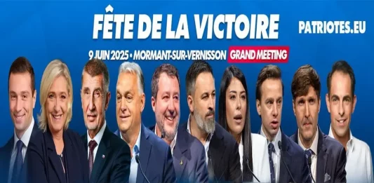 FOTOGRAFÍA. MORMANT-SUR-VERNISSON (FRANCIA), 07 DE JUNIO DE 2025. Detalle de un cartel de gran acto público de Patriots of Europe en Mormant-sur-Vernisson (Francia). En la jornada del lunes 9 de junio de 2025, participarán los líderes de partidos políticos de la coalición Patriots of Europe, Santiago Abascal, Marine Le Pen, Viktor Orbán, Geert Wilders, Matteo Salvini, Andrej Baris, Jordan Bardella, Afroditi Latinopoulou, Krzysztof Bosak, Martin Helme, y Tom Jozef Irène Van Grieken (Tom Van Grieken). Lasvocesdelpueblo (Ñ Pueblo)