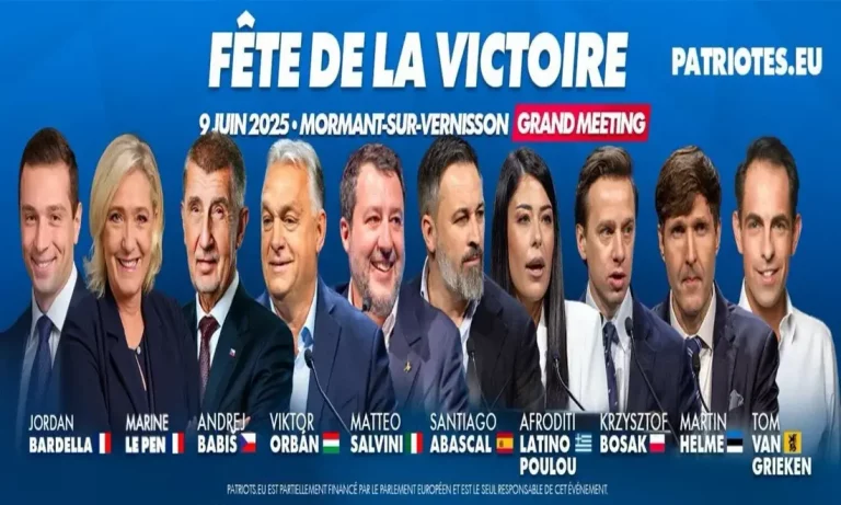 FOTOGRAFÍA. MORMANT-SUR-VERNISSON (FRANCIA), 07 DE JUNIO DE 2025. Detalle de un cartel de gran acto público de Patriots of Europe en Mormant-sur-Vernisson (Francia). En la jornada del lunes 9 de junio de 2025, participarán los líderes de partidos políticos de la coalición Patriots of Europe, Santiago Abascal, Marine Le Pen, Viktor Orbán, Geert Wilders, Matteo Salvini, Andrej Baris, Jordan Bardella, Afroditi Latinopoulou, Krzysztof Bosak, Martin Helme, y Tom Jozef Irène Van Grieken (Tom Van Grieken). Lasvocesdelpueblo (Ñ Pueblo)
