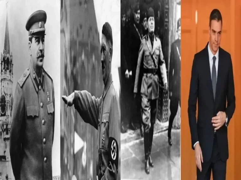 COMBO DE FOTOGRAFÍAS. BARCELONA (CATALUÑA) REINO DE ESPAÑA, 01 DE JUNIO DE 2025. De izquierda a la derecha, los líderes socialistas: Iósif Vissariónovich Dzhugashvili, (Iósif Stalin o José Stalin), primer presidente del Consejo de Ministros de la Unión Soviética desde el 15 de marzo de 1946 hasta el 5 de marzo de 1953 y secretario general del Comité Central del Partido Comunista de la Unión Soviética desde el 3 de abril de 1922 hasta el 16 de octubre de 1952; Adolf Hitler, el líder del tercer Reich de la Alemania nazi; y Benito Amilcare Andrea Mussolini (Benito Mussolini) exmiembro del partido Socialista Italiano -Partito Socialista Italiano- (PSI)-, presidente del Consejo de Ministros del Reino de Italia desde el 31 de octubre de 1922 hasta el 25 de julio de 1943 y Duce de la República Social Italiana desde el 23 de septiembre de 1943 hasta el 28 de abril de 1945; y Pedro Sánchez Pérez Castejón, el líder del Partido Socialista (PSOE) y actual presidente del Gobierno de España, que alcanzó el Poder democráticamente por medio de una moción de censura apoyada en partidos socialistas. Efe/combo de foto Lasvocesdelpueblo (Ñ Pueblo)