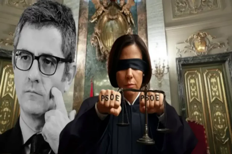 FOTOGRAFÍA. BARCELONA (CATALUÑA) REINO DE ESPAÑA, 04 DE JUNIO DE 2025. Un combo de fotografías de la asociación español HazteOír, publicada junto a una petición de firmas en su plataforma "Citizengo.org", muestra al miembro del Partido Socialista (PSOE) y titular del Ministerio de la Presidencia del Gobierno de España, Justicia y Relaciones con las Cortes Generales del Estado, Félix Bolaños García (i), junto a una mujer (d) que luce una toga de jueces y magistrados con una venda negra en la cabeza que le imposibilite la vista, mostrando las siglas del Partido Socialista (PSOE) en sus puños, obstruyendo el símbolo de una Justicia justa, con todo, denunciando la llamada "Ley Bolaños" con la que el Gobierno de Pedro Sánchez Pérez-Castejón —cuyo entorno directo su mujer María Begoña Gómez Fernández (Begoña Gómez), y su hermano David Sánchez Pérez-Castejón; los cargos y excargos de su Ejecutivo. José Luis Ábalos, el delegado de Gobierno en la Comunidad de Madrid, etc.; y el Fiscal General del estado (Fiscalía) que él nombró están imputados o procesados por corrupción, gracias al papel democrático de los profesionales de los agentes de la Unidad Central Operativa (UCO) de la Guardia Civil, en la persecución del delito, a petición de los jueces instructores de los Casos PSOE y Gobierno— pretende que la UCO dependa del Bolaños (PSOE) y de su fiscal general (imputado por revelación de secretos). HazteOír/Lasvocesdelpueblo (Ñ Pueblo)