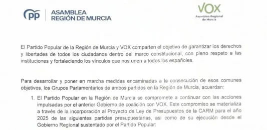 FOTOGRAFÍA. MURCIA (REGIÓN DE MURCIA) REINO DE ESPAÑA, 06 D EJUNIO DE 2025. detalle de la portada del texto del histórico Acuerdo Presupuestos 2025 en los Grupos Parlamentarios de VOX y de Partido Popular (PP) en la Región de Murcia. Nunca el partido presidido por Santiago Abascal Conde le ha arrancado tanto a la la derechista cobarde WOKE y migracionista de calle Génova 13 de Madrid, ni siquiera lo logró en los fracasados pactos de Gobiernos en coalición autonómicos con este mismo PP. Lasvocesdelpueblo (Ñ Pueblo)