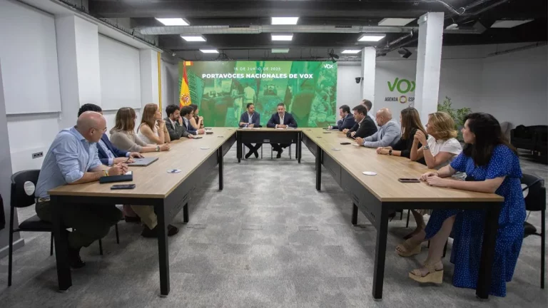FOTOGRAFÍA. MADRID (REINO DE ESPAÑA), 16 DE JUNIO DE 2025. El presidente de VOX, Santiago Abascal Conde (fondo d); y el secretario general de esta formación, Ignacio Garriga Vaz de Conceiçao (fondo i); han presentado hoy la nueva foto de familia del Comité Ejecutivo Nacional (CEN), que integran los portavoces nacionales de VOX. La diputada por Barcelona al Parlamento de Cataluña y portavoz adjunta del Grupo Parlamentario en la cámara catalana, María Elisa García Fuster (2 d); como nueva portavoz nacional de Sanidad de VOX; y al diputado por Murcia al Congreso de los Diputados y portavoz de VOX en la Comisión de Educación de la cámara Baja, Joaquín Robles López (5 d); se suman a José Antonio Fúster Lamelas portavoz nacional de VOX y diputado en la Asamblea de Madrid; María José Rodríguez de Millán Parro (Pepa Millán), portavoz del Grupo Parlamentario de VOX Congreso de los Diputados; Samuel Vázquez Álvarez, portavoz nacional de Interior, Inmigración y Seguridad; Rocío de Meer Méndez, portavoz nacional de Emergencia Demográfica; Isabel Pérez Moñino-Aranda, portavoz nacional de Agenda España y portavoz del Grupo Parlamentario en la Asamblea de Madrid; Jorge Buxadé Villalba, portavoz de la Delegación de VOX en el Parlamento Europeo/Grupo Patriots o Europe; Carlos Hernández Quero (Carlos H), portavoz nacional de Vivienda; José María Figaredo Álvarez-Sala (José María Figaredo), portavoz nacional de Economía y Energía; Rodrigo Alonso Fernandez, portavoz nacional en materia de Trabajo y Campo; Andrés Alberto Rodríguez Almeida (Alberto Rodríguez), portavoz nacional de Industria; Júlia Calvet Puig, portavoz nacional de juventud; y Ainhoa García Flórez, portavoz nacional de Familia y Asuntos Locales. Lasvocesdelpueblo (Ñ Pueblo)
