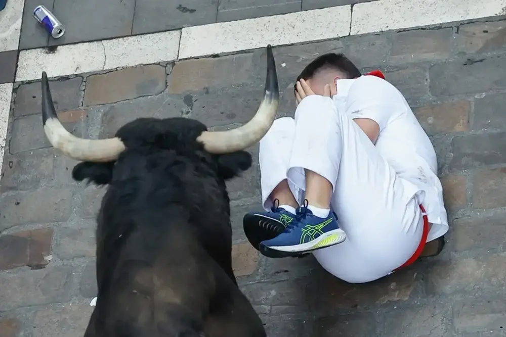 FOTOGRAFÍA. PAMPLONA (NAVARRA) REINO DE ESPÑA, 10 DE JULIO DE 2025. Un mozo se protege tras caer al paso de los toros de la ganadería Victoriano del Río Cortés durante el cuarto encierro de los Sanfermines. Efe