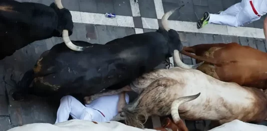FOTOGRAFÍA. PAMPLONA (NAVARRA) REINO DE ESPÑA, 10 DE JULIO DE 2025. Un mozo es arrollado por los toros de la ganadería Victoriano del Río Cortés durante el cuarto encierro de los Sanfermines, este jueves, en Pamplona. Efe