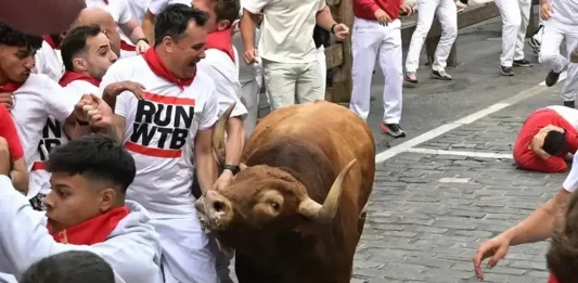 FOTOGRAFÍA. PAMPLONA (NAVARRA) REINO DE ESPAÑA, 11 DE JULIO DE 2025. Un mozo evita a uno de los toros de la ganadería Jandilla durante el quinto encierro de los Sanfermines 2025. Efe