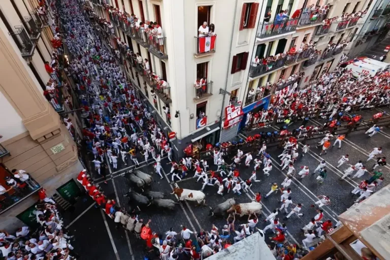 FOTOGRAFÍA. PAMPLONA (NAVARRA) REINO D EESPAÑA, 12 DE JULIO DE 2025. Vista del sexto encierro de los Sanfermines 2025, este sábado en Pamplona, Navarra (Reino de España). Efe