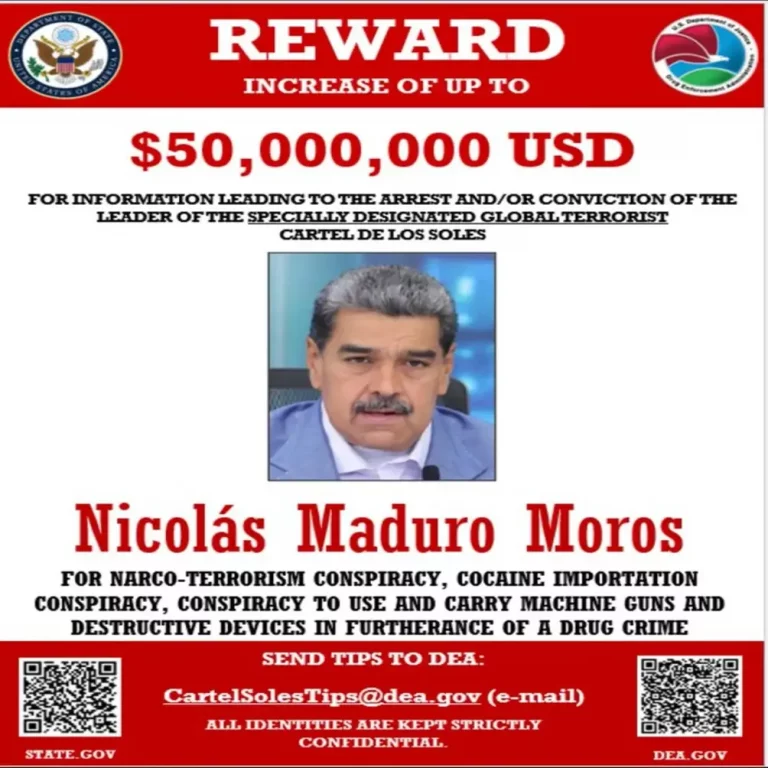 FOTOGRAFÍA. WASHINGTON (ESTADOS UNIDOS DE AMÉRICA, EEUU), 09 DE AGOSTO DE 2025. Cartel recompensa de arresto de Nicolás Maduro Moro, dictador comunista en el poder en Venezuela, por confirmarse los informes de inteligencia estadounidense que el capo del Cartel de los Soles es Nicolás Maduro Moro. EEUU ofrece 50.000.000 de dólares estadounidenses por la información que conduzca hasta su arresto y/o condena. Departamento de Estado/Secretario de Estado Marco Rubio/Lasvocesdelpueblo (Ñ Pueblo)