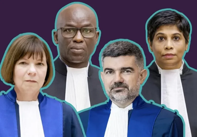 FOTOGRAFÍA. MUNDO, FECHA RELACIONADA CON EL DÍA DE LOS HECHOS, 20 DE AGOSTO DE 2025. Los Estados Unidos de América (EEUU) sanciona a la Corte Penal Internacional (CPI) por antisemita. Los castigados antisemitas de la CPI son los siguientes: Kimberly Prost (Canadá) (izda.); y Nicolas Yann Guillou (Francia) (dcha.); y los fiscales adjuntos Nazhat Shameem Khan (Fiji) (dcha. segunda fila); y Mame Mandiaye Niang (Senegal) (izda. segunda fila). FIDH (@fidh_en)/Lasvocesdelpueblo (Ñ Pueblo)