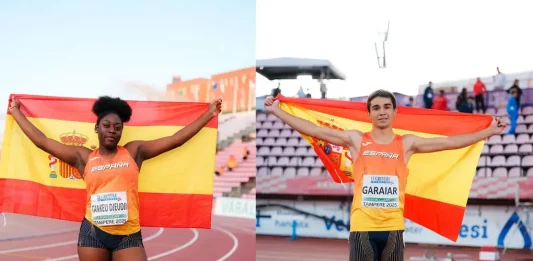 FOTOGRAFÍA. TEMPERE (FINLANDIA), 08 DE AGOSTO DE 2025. Los españoles Andrea y Ander campeones de Europa; jamás España Atletismo había conquistado estas disciplinas. La atleta española Andrea Tankeu (i) gana la medalla de oro en lanzamiento de disco femenino en el Campeonato de Europa Sub20, este viernes en Tampere, Finlandia. El atleta español Ander Garaiar (d) gana la medalla de oro de 100 metros en el Campeonato de Europa Sub20, este viernes en Tampere, Finlandia. Real Federación Española de Atletismo (RFEA)/Lasvocesdelpueblo (Ñ Pueblo)