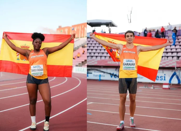 Los españoles Andrea y Ander campeones de Europa (1) FOTOGRAFÍA. TEMPERE (FINLANDIA), 08 DE AGOSTO DE 2025. Los españoles Andrea y Ander campeones de Europa; jamás España Atletismo había conquistado estas disciplinas. La atleta española Andrea Tankeu (i) gana la medalla de oro en lanzamiento de disco femenino en el Campeonato de Europa Sub20, este viernes en Tampere, Finlandia. El atleta español Ander Garaiar (d) gana la medalla de oro de 100 metros en el Campeonato de Europa Sub20, este viernes en Tampere, Finlandia. Real Federación Española de Atletismo (RFEA)/Lasvocesdelpueblo (Ñ Pueblo)