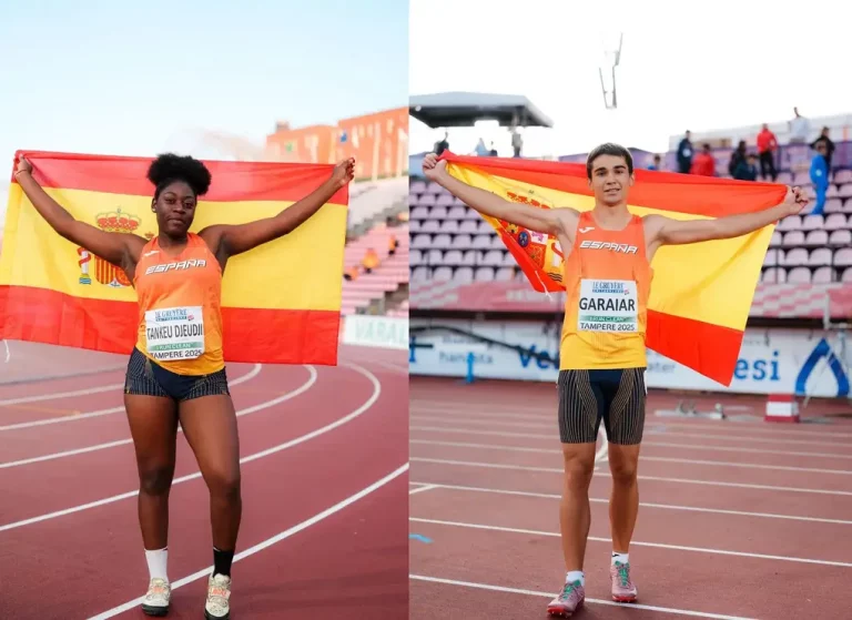 FOTOGRAFÍA. TEMPERE (FINLANDIA), 08 DE AGOSTO DE 2025. Los españoles Andrea y Ander campeones de Europa; jamás España Atletismo había conquistado estas disciplinas. La atleta española Andrea Tankeu (i) gana la medalla de oro en lanzamiento de disco femenino en el Campeonato de Europa Sub20, este viernes en Tampere, Finlandia. El atleta español Ander Garaiar (d) gana la medalla de oro de 100 metros en el Campeonato de Europa Sub20, este viernes en Tampere, Finlandia. Real Federación Española de Atletismo (RFEA)/Lasvocesdelpueblo (Ñ Pueblo)