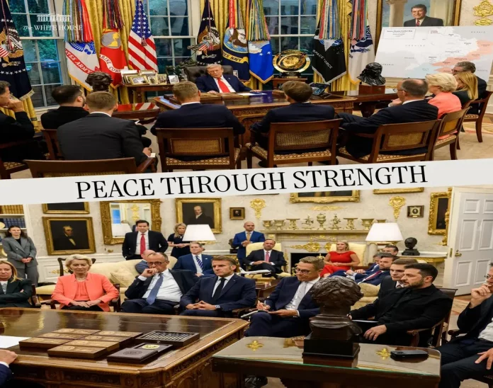 Trump a Putin, El Tango se baila a dos, paz en Ucrania, Trump, Putin FOTOGRAFÍA. WASHINGTON (ESTADOS UNIDOS DE AMÉRICA, EEUU), 18 DE AGOSTO DE 2025. Trump reúne a los socios de Zelenski en Washington para negociar la Paz con Rusia. Trump mantuvo la reunión multilateral con los líderes de la Unión Europea, Ursula Von der Leyen; el secretario general de la OTAN, Mark Rutte; de Alemania, Friedrich Merz; Finlandia, Alexander Stubb; la primera ministra italiana, Giorgia Meloni, y el británico, Keir Starmer. El presidente estadounidense propuso esta mañana al encontrarse con Zelenski que ambos mantuvieran hoy mismo una conversación trilateral con Putin para avanzar hacia un acuerdo de paz y tratar los puntos principales, que incluyen garantías de seguridad para Ucrania fuera de la OTAN y un posible intercambio de territorios ucranianos. Lasvocesdelpueblo (Ñ Pueblo).