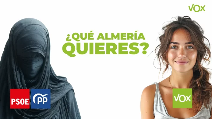 FOTOGRAFÍA. ALMERÍA (ANDALUCÍA) REINO DE ESPAÑA, 31 DE JULIO DE 2025. Con una alerta nacional de VOX a la islamización no solo de Almería sino de toda España promovida por el "PP y PSOE" a través de sus políticas migracionistas de "Fronteras Abiertas" y "Queremos Acoger", titulada "¿Qué Almería quieres?", la Resistencia antiWOKE y antiglobalismo que preside Santiago Abascal Conde "denuncia y lucha contra todas las prácticas culturales que dañan y denigran a la mujer, como el matrimonio forzoso o la ablación genital femenina", afirman fuentes provinciales almerienses de la Resistencia. Lasvocesdelpueblo (Ñ Pueblo)