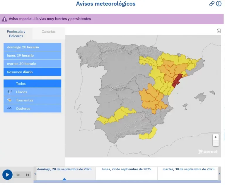 FOTOGRAFÍA. BARCELONA (REINO DE ESPAÑA), 28 DE SEPTIEMBRE DE 2025. La Agencia Estatal de Meteorología (Aemet) ha establecido desde las 20:00 horas de este domingo, 28 de septiembre de 2025, un marco de avisos rojos por lluvias en España: "Aviso especial de fenómenos adversos número 31/2025. Fecha de elaboración: Domingo, 28 de septiembre de 2025, a las 13:24. Fenómeno meteorológico: Lluvias muy fuertes y persistentes. Ámbito geográfico: Tercio este peninsular y Baleares. Comienzo de la situación: Domingo 28 de septiembre. Duración: Hasta el martes 30 de septiembre. Grado de probabilidad: Alto (70 %)". Captura pantalla/Lasvocesdelpueblo (Ñ Pueblo)