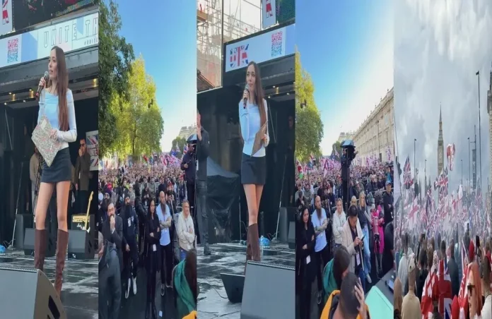 FOTOGRAFÍA. LONDRES (REINO UNIDO), 13 DE SEPTIEMBRE DE 2025. Una marea humana inglesa de más de 3.000.000 de patriotas ingleses inunda las calles del centro de Londres para recuperar el país invadido por el islamismo y el terror migratorio vinculado a él. El líder de la Resistencia en este país, Tommy Robinson, que ha contado esta vez con la colaboración estrecha de la Resistencia internacional antiWOKE y antiglobalismo, de la mano de la joven activista española,  Ada Lluch, de 25 años, o del empresario y dueño de la red social X, Elon Reeve Musk, y, sobre todo, de la gran colaboración ciudadana inglesa, harta de ser borrada en su propia tierra por la élite corrupta en el poder. El mensaje ha sido claro, el pueblo inglés se ha levantado de su silencio y quiere que el régimen migracionista, WOKE y globalista del socialista Keir Rodney Starmer renuncie a su plan de destrucción cultural de Inglaterra o convoque elecciones para que sean los ingleses quienes decidan qué modelo de país quieren tener. Captura vídeo/Tommy Robinson/Lasvocesdelpueblo (Ñ Pueblo)