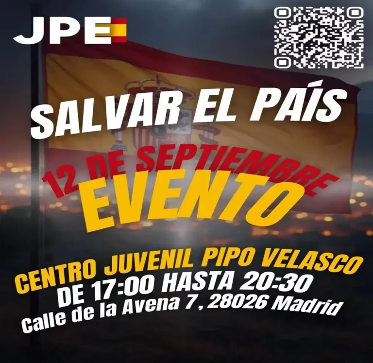 FOTOGRAFÍA. MADRID (REINO DE ESPAÑA), 10 DE SEPTIEMBRE DE 2025. Detalle de un cartel del encuentro "Salvar el País", que tendrá lugar el próximo viernes 12 de septiembre a las 17:00 horas en el Centro Juvenil Pipo Velasco (C. Avena 7, Madrid). Lasvocesdelpueblo (Ñ pueblo)