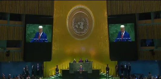 FOTOGRAFÍA. NUEVA YORK (ESTADOS UNIDOS DE AMÉRICA, EEUU), 23 DE SEPTIEMBRE DE 2025. El líder del mundo libre, 45º y 47º presidente de United States of América (USA), jefe de filas de la formación patriota estadounidense Partido Republicano, Donald John Trump, interviene en la 80ª Sesión de la Asamblea General de la Organización de las Naciones Unidas (ONU) en Nueva York (United States of America, USA). Lasvocesdelpueblo (Ñ Pueblo).