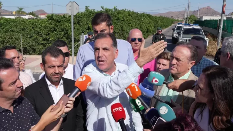 FOTOGRAFÍA. MURCIA (REGIÓN DE MURCIA), 09 DE SEPTIEMBRE DE 2025. El presidente de VOX en la Región de Murcia y portavoz del Grupo Parlamentario de VOX en la  Asamblea Regional de Murcia, José Ángel Antelo Paredes, junto al portavoz nacional de Inmigración, Interior y Seguridad, Samuel Vázquez Álvarez (c), ha comparecido este miércoles cerca del centro de inmigrantes ilegales Menores Extranjeros No Acompañados (MENA) de la pedanía de Santa Cruz (Murcia), donde un grupo reducido de al menos cinco "idiotas" de izquierda extrema y extrema izquierda se había reunido para intentar romper la atención pacífica a la prensa sobre el cierre de este centro anunciado para septiembre de 2025, gracias a la guerra de VOX contra los negreros del siglo XXI. Lasvocesdelpueblo (Ñ Pueblo)