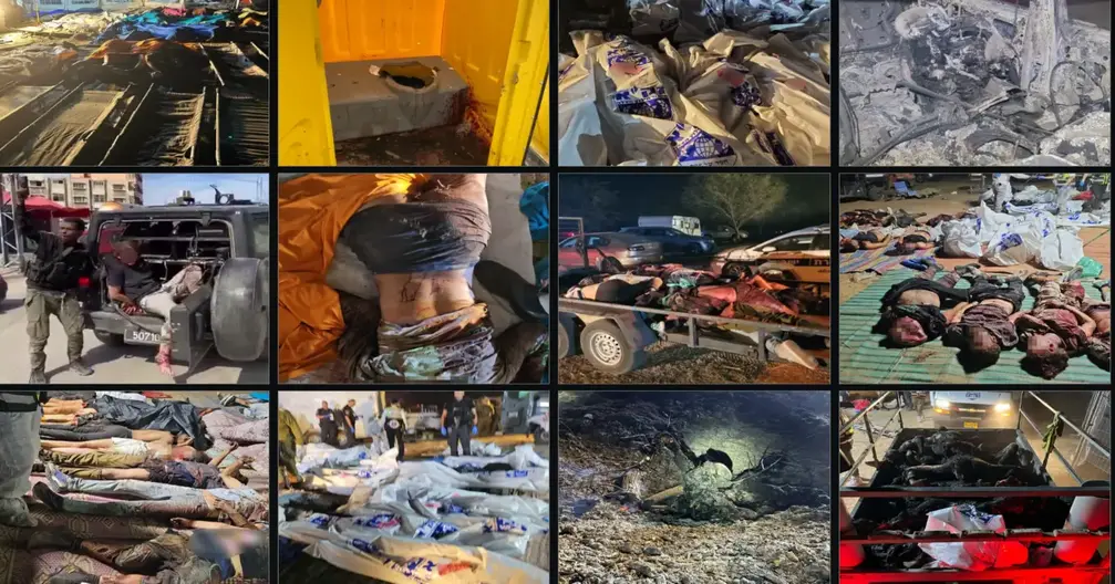 FOTOGRAFÍA. SUR DE ISRAEL (ISAREL), 07 DE OCTUBRE DE 2023. Detalle de un combo de fotografías de la masacre terrorista islamofascista en la Kristallnacht del siglo XXI, "The October 7 masacre - la Masacre del 7 Octubre de 2023 (MASACRE DE HAMAS - CRÍMENES DE GUERRA DOCUMENTADOS" perpetrada por parte de los grupos naziislamistas gazatíes Hamás ISIS e Yihad Islámica Palestina en suelo soberano del Estado de Israel. Más información en "saturday october seven (https://saturday-october-seven.com/); 7 de octubre de 2023 MASACRE DE HAMAS: Documentación de crímenes contra la humanidad. El 7 de octubre, Hamás invadió Israel desde Gaza en un ataque terrorista masivo contra civiles por aire, tierra y mar". Lasvocesdelpueblo (Ñ Pueblo)