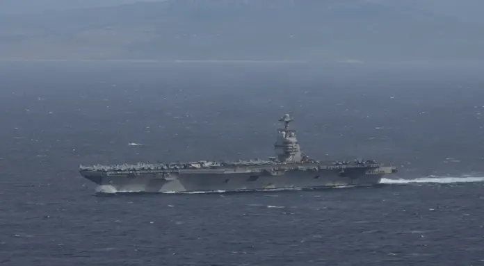 FOTOGRAFÍA. LAS AGUAS DEL CARIBE (HISPANOAMÉRICA), 11 DE NOVIEMBRE DE 2025. La Armada de United States of America (USA) aseguró este martes que el "Grupo de Ataque de Portaaviones Gerald R. Ford" se ha incorporado a la Cuarta Flota de los Estados Unidos de América en las aguas del Caribe para participar en el combate contra los carteles de droga. Lasvocesdelpueblo (Ñ Pueblo)