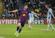 El Barça tumba a un combativo Celta (2-4) FOTOGRAFÍA. VIGO (GALICIA) REINO DE ESPAÑA, 09 DE NOVIEMBRE DE 2025. El delantero polaco del FC Barcelona, Robert Lewandowski, celebra el segundo gol del equipo blaugrana durante el encuentro correspondiente a la jornada 12 de Laliga EA Sports que disputan hoy domingo Celta y FC Barcelona en el estadio de Balaidos, en la capital gallega. Efe