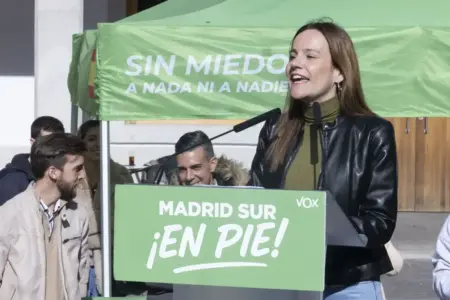 FOTOGRAFÍA. FUENLABRADA (COMUIDAD DE MADRID) REINO DE ESPAÑA, 16 DE NOVIEMBRE DE 2025. Los dirigentes de VOX, la portavoz del Grupo Parlamentario de VOX en la Asamblea de Madrid, Isabel La Buena (Isabel Pérez Moniño-Aranda); el portavoz nacional; el Seguridad, Inmigración y Asuntos de Interior de VOX, Samuel Vázquez Álvarez; el portavoz nacional y diputado del Grupo Parlamentario de VOX en la Asamblea de Madrid, José Antonio Fúster Lamelas; el jefe de los Servicio Jurídicos nacionales de VOX y jefe de la delegación de VOX en Bruselas (Parlamento Europeo), Jorge Buxadé Villalba; entre otros dirigentes de la disidencia patriota obrera española, han participado este domingo en el acto público del partido político que preside Santiago Abascal Conde, VOX, organizado bajo lema "Madrid Sur en Pie". Lasvocesdelpueblo (Ñ Pueblo)