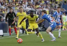 El Espanyol espera subsanar ante el Villarreal el traspié de Mendizorroza FOTOGRAFÍA. VILA-REAL (CASTELLÓN) COMUNIDAD VALENCIANA) REINO DE ESPAÑA, 27 DE ABRIL DE 2025. El delantero del Villarreal Tajon Buchanan (i) y el defensa del Espanyol Carlos Romero durante el partido de Liga de la pasada temporada. Efe