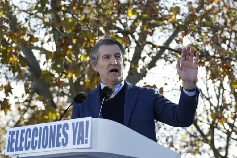 FOTOGRAFÍA. MADRID (REINO DE ESPAÑA), 30 DE NOVIEMBRE DE 2025. El líder del Partido Popular (PP), Alberto Núñez Feijóo, ofrece un discurso durante la concentración contra el Gobierno de Pedro Sánchez Pérez-Castejón, por los casos de corrupción, convocada por el PP bajo el lema «Efectivamente: ¿mafia o democracia?», en el Templo de Debod de Madrid, a la que se han sumado alrededor de 80.000 personas, según fuentes del partido. Efe