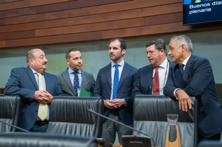 FOTOGRAFÍA. MÉRIDA (EXTREMADURA) REINO DE ESPAÑA, 10 DE NOVIEMBRE DE 2025. En la imagen , de izquierda a la derecha, los 5 diputados del Grupo Parlamentario de VOX en el Parlamento automático de Extremadura, Juan José García, Oscar Fdez Calle, Alvaro Sánchez-Ocaña, Javier Bravo, y  Ángel Pelayo Gordillo. Lasvocesdelpueblo (Ñ Pueblo)