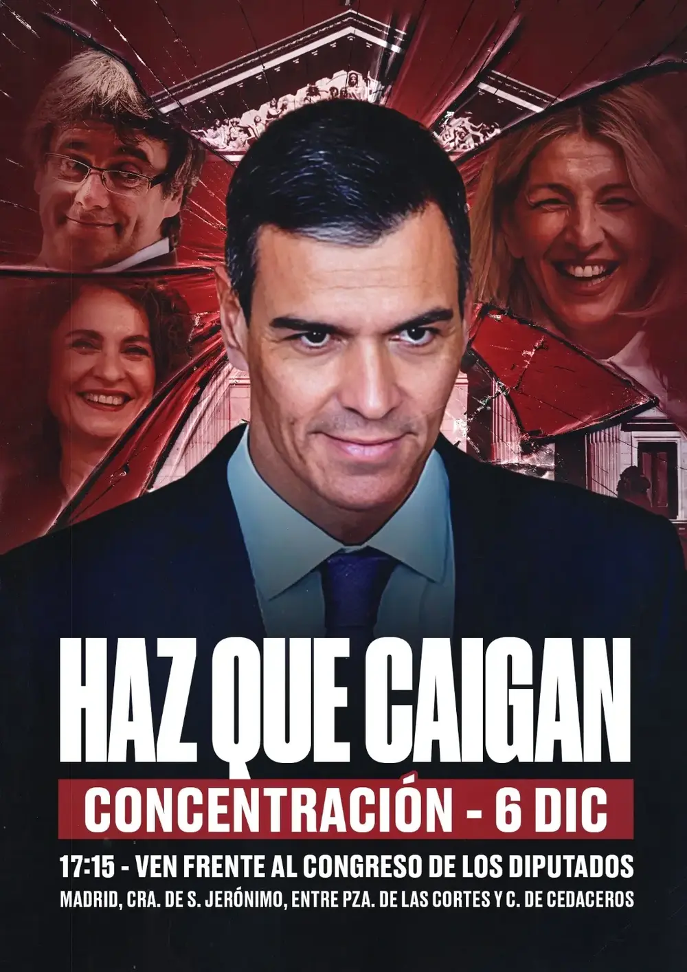 FOTOGRAFÍA. BARCELONA (CATALUÑA) REINO DE ESPAÑA, 19 DE NOVIEMBRE DE 2025. La izquierda española Frente Obrero ha convocado el 6D frente al Congreso de los Diputados para tumbar el Gobierno de coalición de izquierda PSOE y PSOE porque "defender nuestra patria es una tarea imprescindible cuando quienes deberían protegerla contribuyen a su desaparición". Frente Obrero hace la convocatoria adjuntando un combo de fotografía con Pedro Sánchez Pérez-Castejón (c) en portada como el capo de una organización criminal, junto a la líder de SUMAR, Yolanda Díaz Pérez (d); la vicepresidente primera del Gobierno de España, ministra de Hacienda desde junio de 2018 y vicesecretaria general del PSOE desde julio de 2022, María Jesús Montero Cuadrado (abajo-i); y el prófugo de la Justicia española, expresidente del régimen nacionalsocialista golpista de 2017 frente a la Generalidad de Cataluña, fundador y presidente de Junts per Catalunya, Carles Puigdemont Casamajó (arriba-i). Frente Obrero/Lasvocesdelpueblo (Ñ Pueblo)
