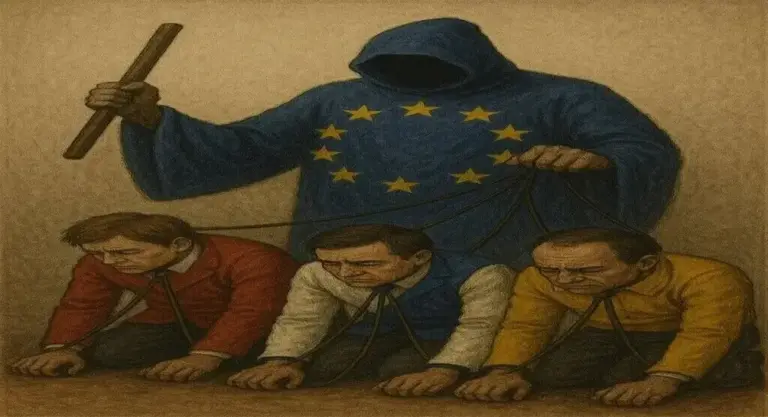 FOTOGRAFÍA. BARCELONA (CATALUÑA) REINO DE ESPAÑA, 07 DE DICIEMBRE DE 2025. Detalle de una imagen que muestra claramente a la verdadera cara oculta de la llamada Unión Europea, una dictadura. Quienes gobiernan y toman decisiones no son ni los Gobiernos miembros ni siquiera el Parlamento Europeo, sino una turba de totalitarios y caciques millonarios de todo el mundo corrupto, WOKE, migracionista y globalista, desde la llamada Comisión Europea (CE). Ningún ciudadano europeo vota a los miembros de la CE y es donde salen todas las decisiones, hasta ahora ninguna de las decisiones de la CE ha sido favorable a los ciudadanos de la Unión Europea, ninguna. Los primeros ministros de los países miembros, en esta ilustración tratados como perros por su dueño invisible y sin nombre y apellidos de la CE, solo deben preocuparse de ganar las elecciones, solicitar ayuda de todo tipo a cambio, y podrán seguir en el poder los años que quieran porque a cada proceso electoral allí estará la propaganda y las amenazas de la UE para que con ese miedo puedan recibir los votos suficientes para perpetuarse en el poder, pero quien intenta escuchar a su pueblo y cumplir con su promesa electoral entonces tendrá la CE al frente con sanciones de todos tipos, un ejemplo: Hungría, elecciones anuladas en Rumania, o la última campaña electoral en los Estados Unidos de América (EEUU) cuando la UE se posicionó a favor de la WOKE y globalista Kamala Harris en vez de cumplir con la neutralidad, etc.. Mario Nawfal @MarioNawfal)/Lasvocesdelpueblo (Ñ Pueblo)