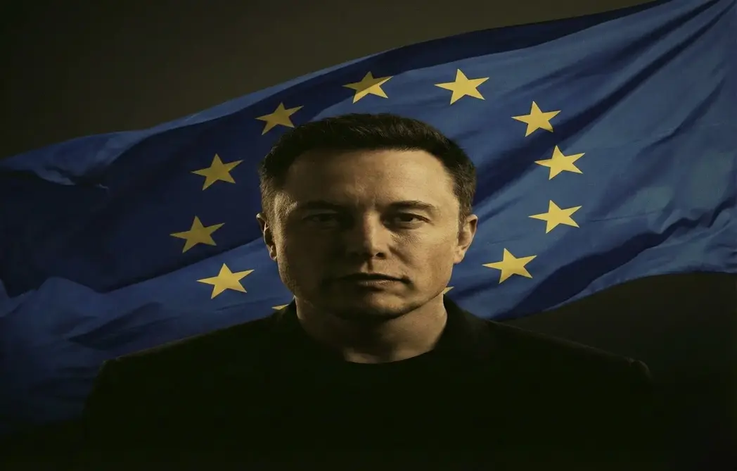 FOTOGRAFÍA. BARCELONA (CATALUÑA) REINO DE ESPAÑA, 07 DE DICIEMBRE DE 2025. Detalle de una ilustración creada por la Inteligencia Artificial (IA) que muestra al ciudadano estadounidense líder del mundo libre, dueño de varias empresas estadounidenses, entre ellas, la red social X, Elon Reeve Musk, junto a una bandera de una Unión Europea (UE) condenada a a su disolución después de caer en la dictadura total comunista, WOKE y globalista, y en la actualidad sus representantes que ni siquiera votan los europeos defiende públicamente la censura de las ideas políticas democráticas que hicieron fuerte a la Europa postguerra. Doge Designer (@cb_doge)/Lasvocesdelpueblo (Ñ Pueblo)