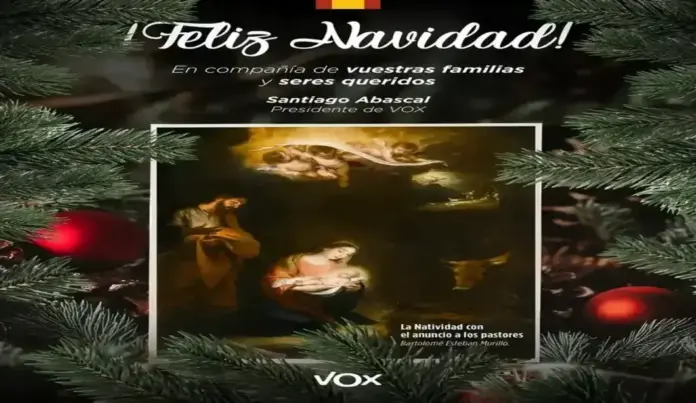 FOTOGRAFÍA. MADRID (REINO DE ESPAÑA), 23 DE DICIEMBRE DE 2025. El presidente de VOX y de Patriots of Europe, Santiago Abascal Conde, firma un postal de Navidad 2025 dirigido a los militantes de la formación verde de las clases obreras españolas, que Lasvocesdelpueblo ha tenido acceso. "¡Feliz Navidad en compañía de vuestras familias y queridos! Santiago Abascal, Presidente de VOX", firma el jefe nacional de los verdes junto al lienzo "La Navidad con el Anuncio a los Pastores" del pintor Bartolomé Esteban Murillo (1617–1682); un, óleo sobre lienzo con fecha ubicada entre el año 1655 y el año 1660. Lasvocesdelpueblo (Ñ Pueblo)