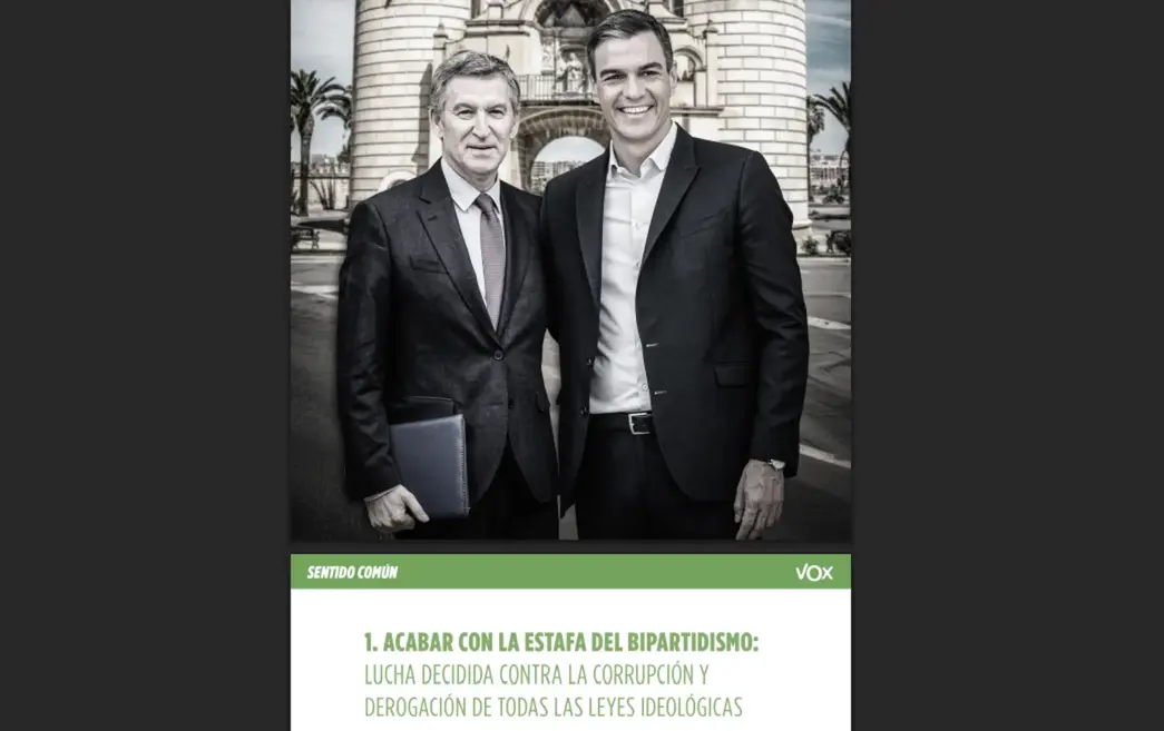 FOTOGRAFÍA. MÉRIDA (EXTREMADURA) REINO DE ESPAÑA, 05 DE DICIEMBRE DE 2025. Elecciones Extremadura 21D - Programa Electoral de VOX para las elecciones autonómicas extremeñas del 21 de diciembre de 2025. Vota VOX - Sentido Común. Desde calle Bambú 12 de Madrid advierten a los extremeños de los peligros del socialismo rojo Partido Socialista (PSOE) de Pedro Sánchez Pérez-Castejón (d); y del socialismo azul Partido Popular (PP) de Alberto Núñez Feijóo (i). La estafa del bipartidismo ha sido especialmente evidente esta legislatura. En las elecciones de 2023, a pesar de perder las elecciones, María Guardiola fue presidenta de la Junta de Extremadura gracias a los votos de VOX. A pesar de prometer en reiteradas ocasiones que jamás pactaría con VOX, los extremeños la obligaron a entenderse con la tercera fuerza política de Extremadura para poder desalojar al socialismo corrupto del poder.. Lasvocesdelpueblo (Ñ Pueblo)