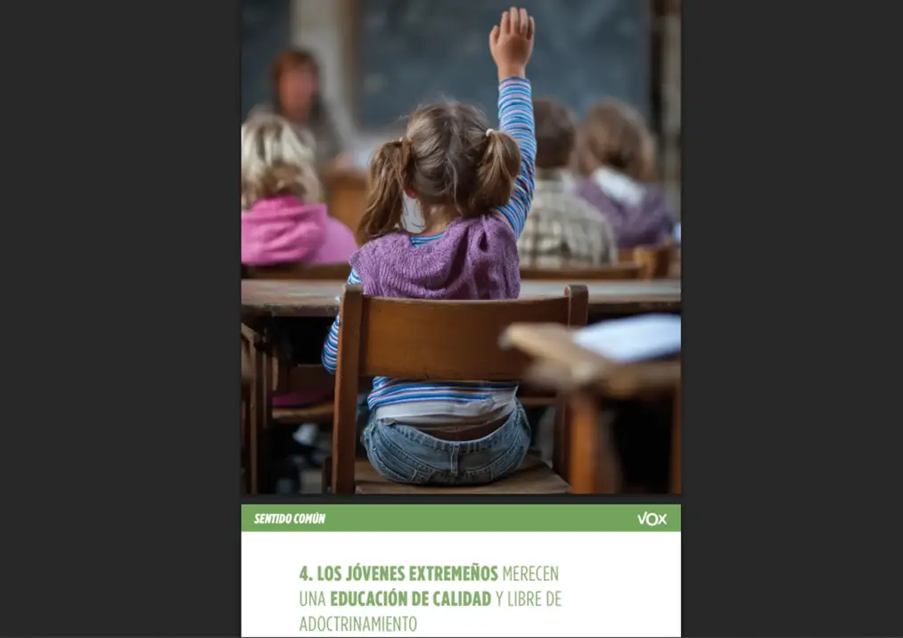 FOTOGRAFÍA. MÉRIDA (EXTREMADURA) REINO DE ESPAÑA, 05 DE DICIEMBRE DE 2025. Elecciones Extremadura 21D - Programa Electoral de VOX para las elecciones autonómicas extremeñas del 21 de diciembre de 2025. Vota VOX - Sentido Común. Desde calle Bambú 12 de Madrid se comprometen para acabar con el adoctrinamiento escolar. La educación en Extremadura es uno de los más claros ejemplo del fracaso del bipartidismo. Los sucesivos Gobiernos regionales han puesto el sistema y las políticas educativas al servicio de la burocracia y el adoctrinamiento. Décadas de abandono han dejado a nuestra región a la cola de España en resultados e igualdad de oportunidades. El bipartidismo ha transformado nuestro sistema educativo en un aparato administrativo y burocrático desbordado ante el abandono y la falta de recursos. Ha fragmentado el sistema educativo en diecisiete modelos autonómicos, y ha convertido la enseñanza en un instrumento político. Lasvocesdelpueblo (Ñ Pueblo)