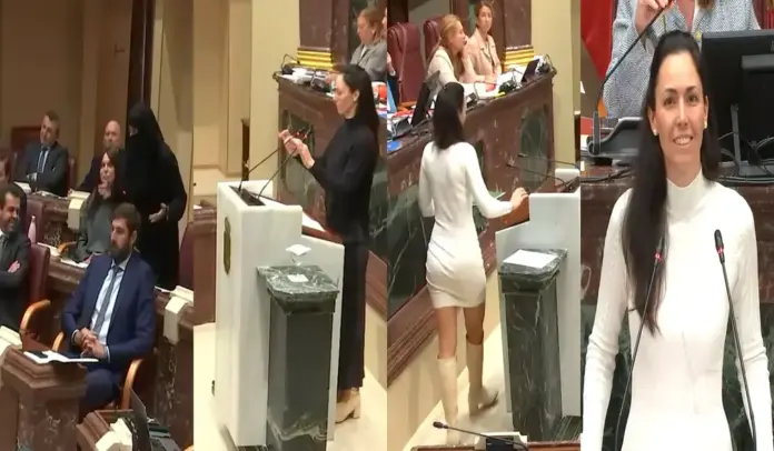 Virginia luce el niqab para denunciar la cultura más machista,niqab, hiyab, burka,VOX,Virginia Martínez García, FOTOGRAFÍA. MURCIA 8REGIÓN DE MURCIA) REINO DE ESPAÑA, 10 DE DICIEMBRE DE 2025. Virginia luce el niqab para denunciar la cultura más machista. El Pleno del parlamento autonómico murciano registró hoy el debate de una moción sobre "Uso de vestimenta islámica en espacios públicos de la Región de Murcia", solicitada por el Grupo Parlamentario VOX Asamblea de Murcia y presentada por la diputada de VOX, Virginia Martínez García, quien acudió al Plenario murciano luciendo el "nicab" islámico, también conocido como "niqab". Lasvocesdelpueblo (Ñ Pueblo)