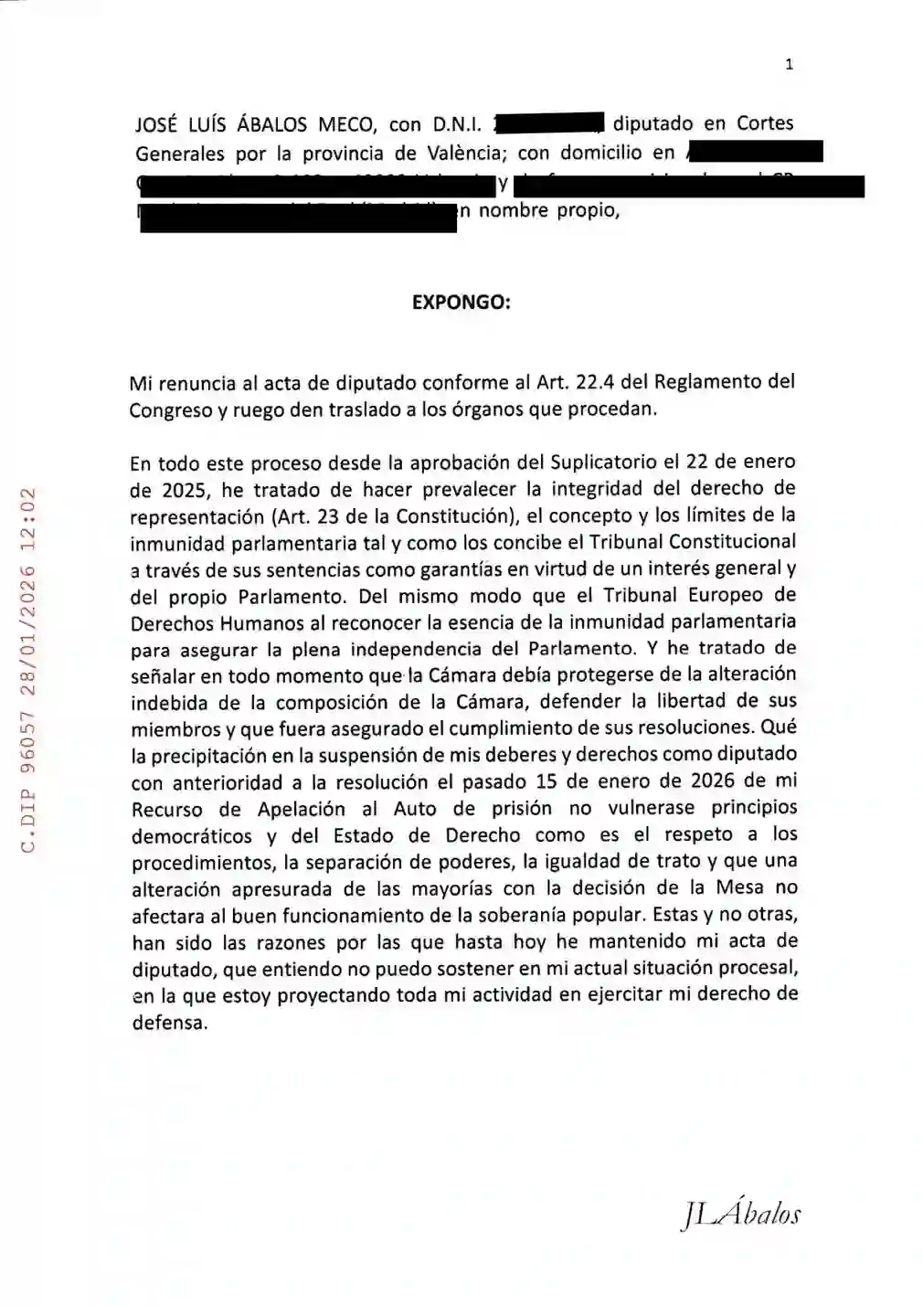 FOTOGRAFÍA. MADRID (ESPAÑA), 28 DE ENERO DE 2026. Comunicado de la renuncia del preso socialista Ábalos El preso exsecretario de Organización del Partido Socialista (PSOE) y exministro de Transportes, José Luis Ábalos Meco, confirma su renuncia a su acta de diputado del Grupo Mixto en el Congreso de los Diputados en una carta a la Mesa de la Cámara Baja este miércoles después de rechazar la Justicia su recurso de Apelación contra el auto de prisión provisional sin fianza. Lasvocesdelpueblo (Ñ Pueblo)