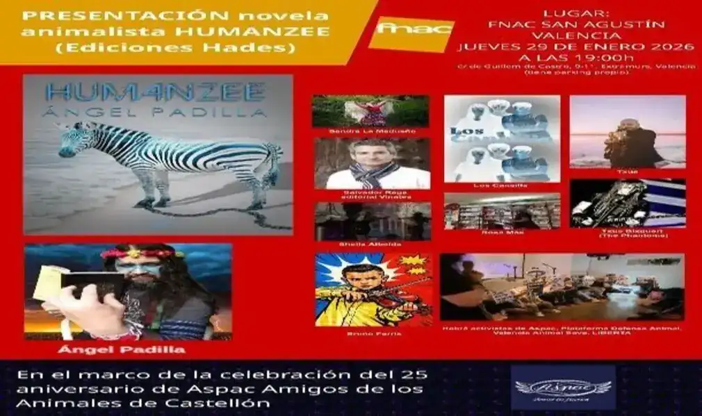 FOTOGRAFÍA. VALENCIA (COMUIDAD VALENCIANA), 22 DE ENERO DE 2026. El poeta Ángel Padilla presenta su novela animalista Humanzee. El poeta y  escritor valenciano Ángel Padilla retorna al FNAC San Agustín de Valencia con una de sus novelas más demoledoras, la distopía animalista Humanzee (de la saga de novelas cuya temática ganó el Premio Ignotus). Lasvocesdelpueblo (Ñ Pueblo)