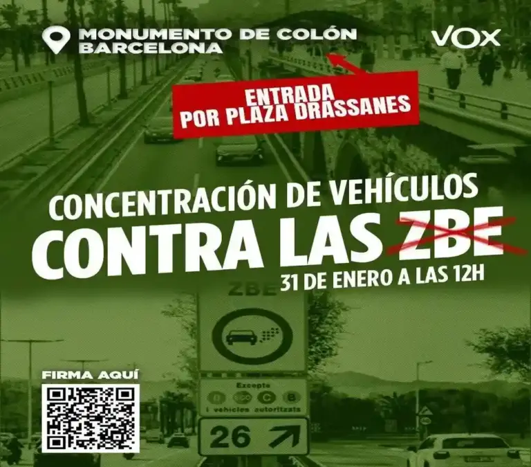 FOTOGRAFÍA. BARCELONA (ESPAÑA), 28 DE ENERO DE 2026. Garriga y Jordi participan en una manifestación motorizada contra las ZBE antiobreros. Detalle de un cartel de la manifestación motorizada y concentración del próximo sábado, 31 de enero de 2026 en Barcelona contra las ZBE. Lasvocesdelpueblo (Ñ Pueblo)