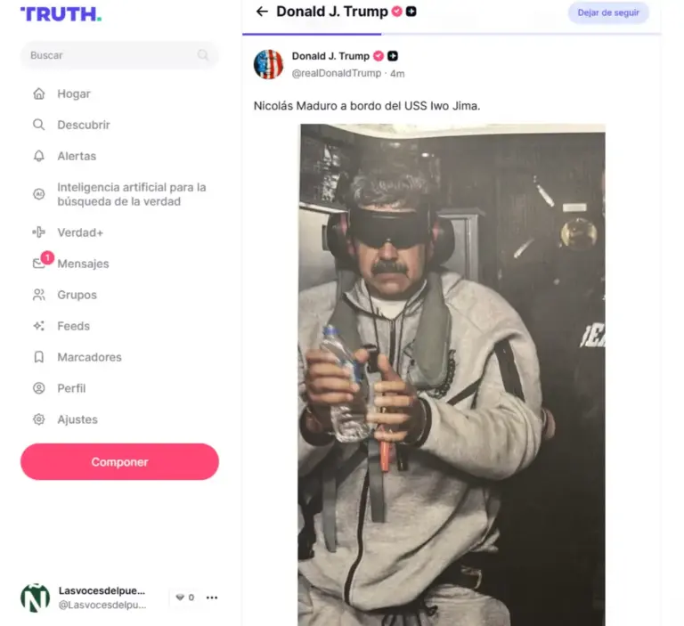 FOTOGRAFÍA. AGUANAS INTERNACIONALES DEL CARIBE (A BORDO DEL USS IWO JIMA), 03 DE ENERO DE 2026. El líder del mundo libre, presidente de la formación patriota estadounidense, jefe de la 47ª Administración de EEUU y comandante jefe de las Fuerzas Armadas de United States of America (USA), Donald John Trump, ha publicado hoy la primera imagen oficial de la captura del narcoterrorista Nicolás Maduro Moro en suelo soberano de Venezuela. Truth Social (@realDonaldTrump)/lasvocesdelpueblo (Ñ Pueblo)