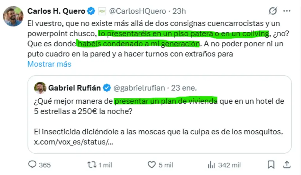 FOTOGRAFÍA. BARCELONA (CATALUAÑ) ESPAÑA, 24 DE ENRO DE 2026. Gabriel Rufián noqueado por los patriotas tras meterse en lo social de VOX. Los dos patriotas, dirigentes del plan social de VOX, José María Figaredo Álvarez-Sala (José María Figaredo) y Carlos Hernández Quero (Carlos H.), responden al mensaje del portavoz del Grupo Parlamentario de la ultraizquierda separatista Esquerra Republicana de Catalunya (ERC) en el Congreso de los Diputados, Juan Gabriel Rufián Romero (Gabriel Rufián), sobre el hotel en el que se realizará la presentación del Programa Económico y de Vivienda de VOX en Zaragoza el lunes, dejando sin oxígeno al político de ultraizquierda separatista Gabriel Rufián, quien se pensará dos veces la próxima vez antes de meterse en asuntos sociales de VOX. Lasvocesdelpueblo (Ñ Pueblo)