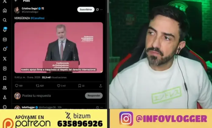 La Derecha debe impulsar una República en España, Felipe VI,Felpuldo VI, Rey de España,derecha español,República española, InfoVlogger, Isaac Parejo FOTOGRAFÍA. BARCELONA (CATALUAÑ) ESPAÑA, 10 DE ENERO DE 2026. En la izquierda de la imagen, el creador de contenido en la red social YouTube, Isaac Parejo, conocido como "InfoVlogger", cegándose, sí, cegándose: "Me cago en Felipe VI". "¡Vete a la puta mierda, Felipe VI!", tras conocer las nuevas "alucinantes" declaraciones de un Jefe del Estado, que se presupone que debe ejercer un papel constitucional de "arbitro" y nunca meterse en política ni nacional ni internacional, en representación de todas las ideas políticas de quienes le pagan el sueldo vitalicio simplemente por tener como único mérito "el espermatozoide más rápido y que luego su hija sea reina porque ha sido el espermatozoide más rápido" de los Borbones, en las que apoya al ex narcodictador de Venezuela, con una firme defensa al "Derecho internacional", condenando la captura y extracción limpia del líder del Cartel de los Soles, Nicolás Maduro Moros, por parte de los Estados Unidos de América (EEUU) y burlándose de manera humillante de los más de 1.000 presos políticos secuestrados en cárceles de la Policía secreta de la narcodictadura y desaparecidos (asesinados presuntamente) al llamarlos unos "retenidos", sí, "retenidos", llama el rey Felipe VI de España a los presos políticos en centros de torturas de la narcodictadura comunista, entre ellos los seis españoles excarcelados gracias al éxito de la captura del tirano terrorista Nicolás Maduro Moros. captura vídeo/Lasvocesdelpueblo (Ñ Pueblo)