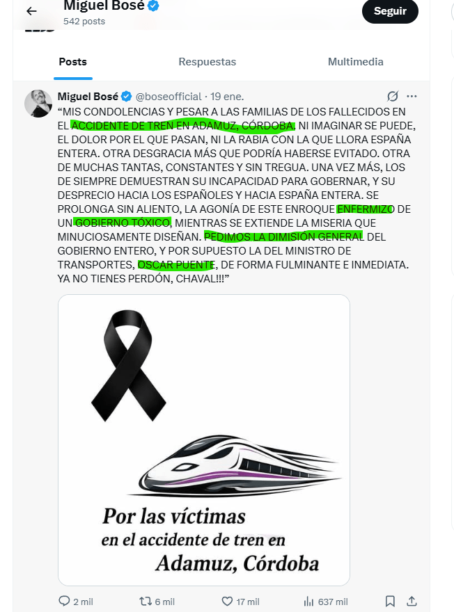 FOTOGRAFÍA. BARCELONA (CATALUAÑ) ESPAÑA, 19 DE ENERO DE 2026. Se prolonga la agonía del enfermizo Gobierno tóxico de Pedro Sánchez. El histórico cante español Luis Miguel González Bosé​, conocido como Miguel Bosé o Miguel Dominguín Bosé valora el colapso ferroviario español, exigiendo la "dimisión general del gobierno entero", afirma Bosé, reiterando en un comunicado en la red social X.