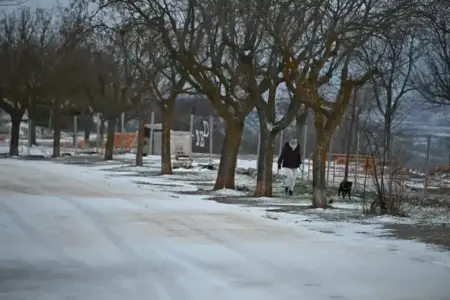 FOTOGRAFÍA. LOS SANTOS DE LA HUMOSA (COMUNIDAD DE MADRID) ESPAÑA, 05 DE ENERO DE 2026. Una persona pasea a su perro por un paraje nevado en Los Santos de la Humosa (Madrid) España. Efe